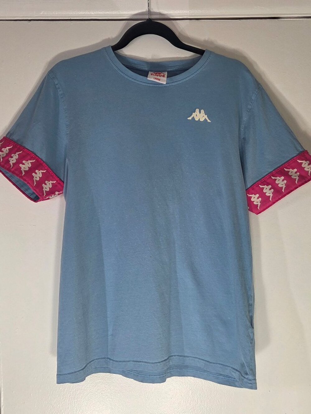 Kappa Blue Short Sleeve T Shirt Men’s Large Pink Sleeves 100% Cotton